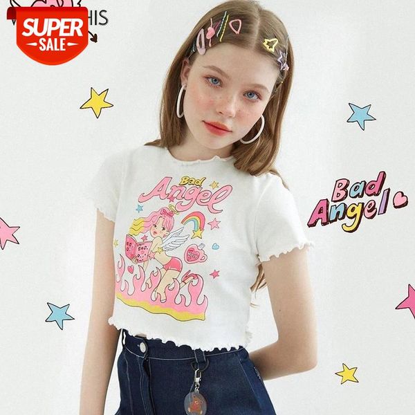 

wannathis cartoon print short sleeve short t-shirts women slim elastic summer white cropped fashion casual crop women #a44g