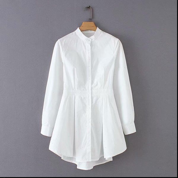 

ewq] 2021 spring women elegant stand collar hem irregular pleats white blouse korea casual shirt office lady business feminina