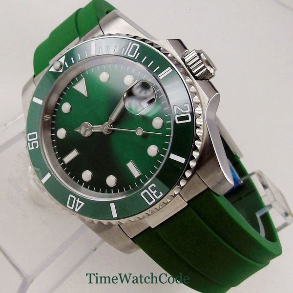 

40mm men automatic mechanical watch japan miyota 8215 green dial rubber band sapphire crystal date display cyclops bliger, Slivery;brown