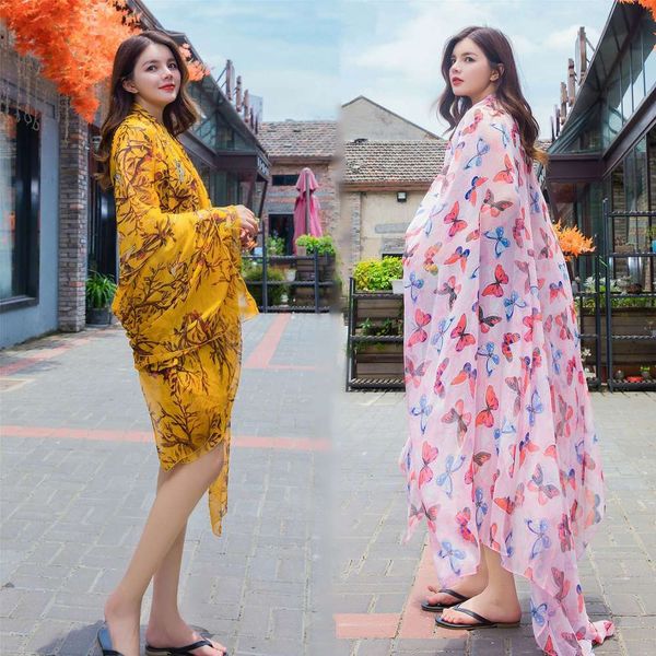 

designer women's super large chiffon real silk wrinkle printing ethnic style scarf sunscreen shawl extended versatile fashion beach tow, Blue;black