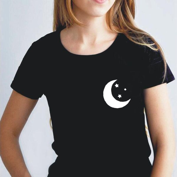 

fashion moon and stars pocket print women tshirt short lseeve casual funny tee shirt femme summer harajuku t women's t-shirt, White