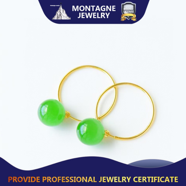 

stud 18k pure gold exaggerated design round fashion earring natural 8mm grade a green jade elegant drop earrings, Golden;silver