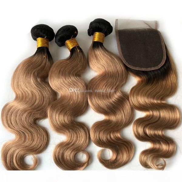 

european human hair body wave ombre 3 bundles with closure 1b 27# honey blonde closure with hair weaves gold blonde dark roots hair, Black;brown