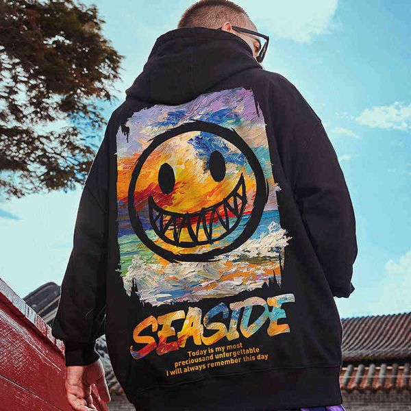 

npsk 2021 fall hip hop hooded little devil guard men's fashion fat loose large coat with hoodie t1 graffiti, Black