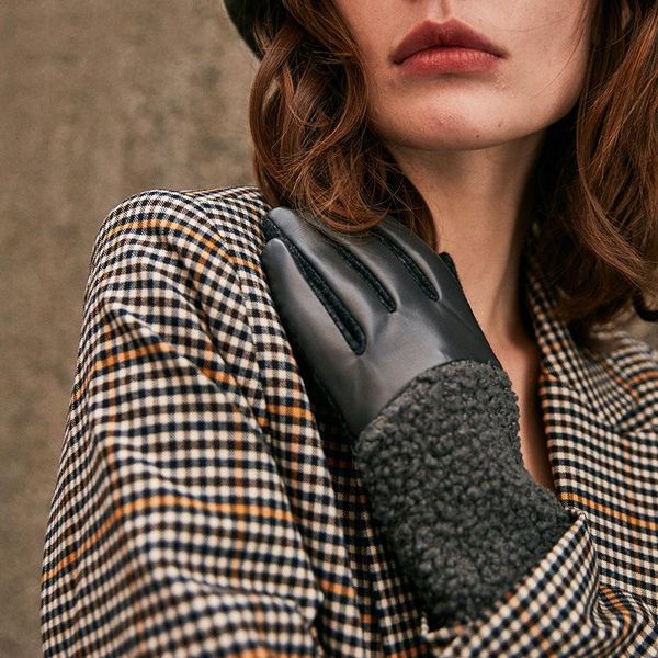 

five fingers gloves women winter wool fashion touch screen warm thick leather female cute furry full finger mittens s2476, Blue;gray