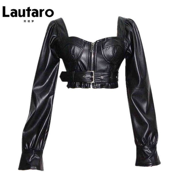 

lautaro y2k black faux leather crop women square neck long sleeve zipper cropped jacket plus size backless fashion 211118