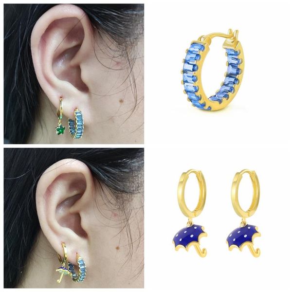 

hoop & huggie canner 2021 trend blue bling cz zircon ear rings for girl women geometric stars pendientes plata 925 fine jewelry, Golden;silver