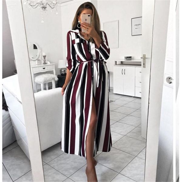 

2021 new autumn ladies striped women split maxi shirt sleeve straight work q1ie, Black;gray