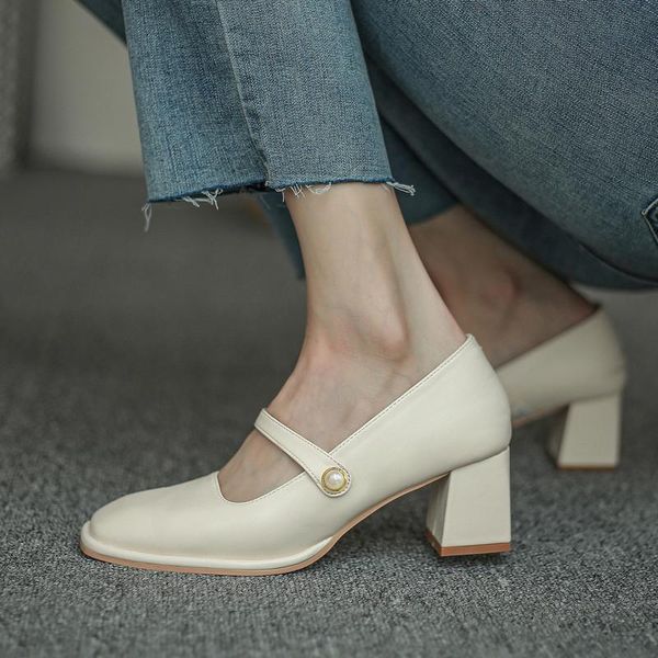 

dress shoes ladies high heel leather low mary jane women's fashion root commuter office white collar, Black