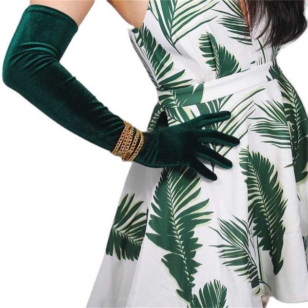 

velvet gloves 60cm long style green velour high elastic gold woman touchscreen mobliephone for dance party wsr01 211026, Blue;gray