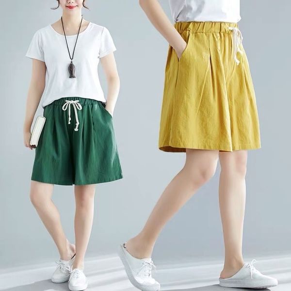 

women shorts summer casual solid drawstring loose shorts high waist cotton and line short for girls soft cool female short s-3xl 210309, White;black