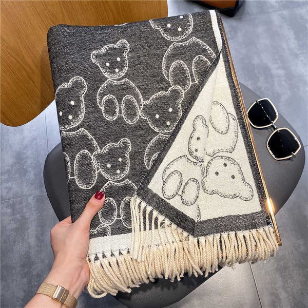 

korean autumn winter cartoon imitation cashmere scarf small frh bear lovely shawl warm and versatile bib, Blue;gray