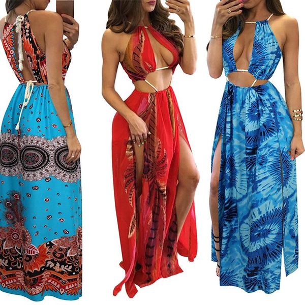 

bohemian floral print swimsuit cover up dress high split halter neck bandage dresses swimwear beach cover ups, White;black