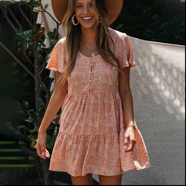 

ruffled single breasted womens mini dress printed short sleeve a line loose female dresses 2021 summer sweet ladies vestidos, Black;gray