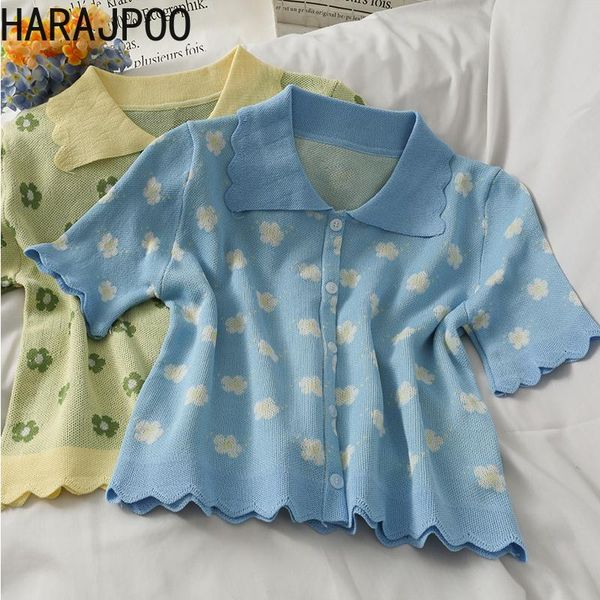 

women's knits & tees harajpoo women t shirts korean short slim small daisy printing summer clothing lapel half sleeve casual knitted ca, White