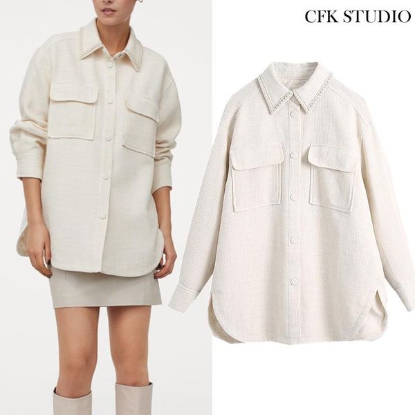 

2021 women fashion faux pearl loose tweed jacket coat vintage long sleeve button-up female outerwear chic white, Black;brown