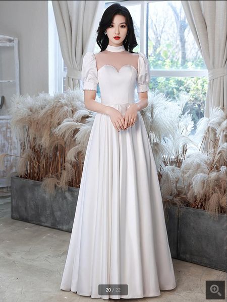

2021 romantic white satin a line wedding dresses floor length high neckline with short sleeve modest wedding gowns pearls bride dresses