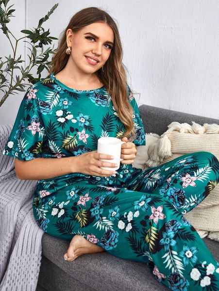 

plus allover floral print pajama set g5ja#, Black;white