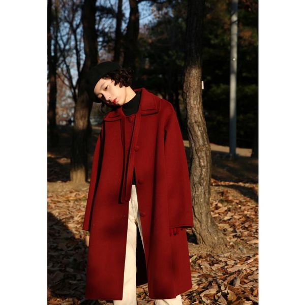 

women's wool & blends autumn spring 100% coat female elegant ladies woolen jacket women vintage belt blend coats manteau femme hiver lw, Black