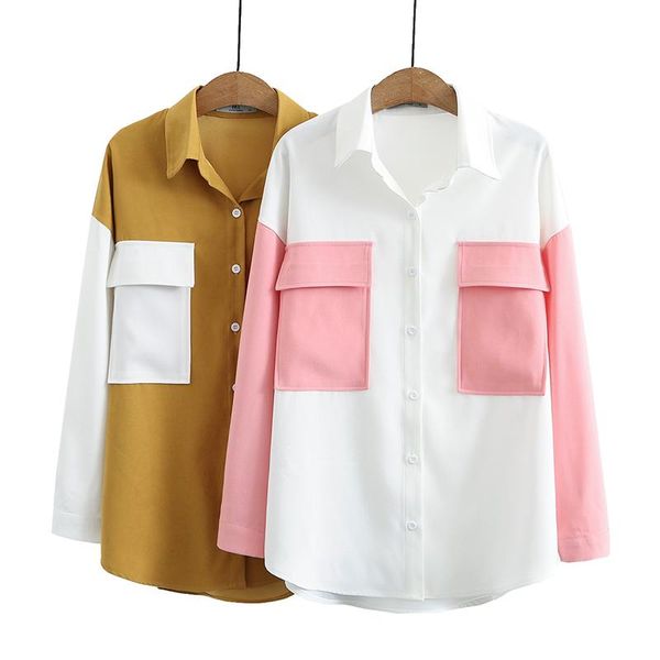 

women's blouses & shirts plus size patchwork blouse women loose pockets long sleeve 2021 spring autumn casual ladies shirt female g765, White