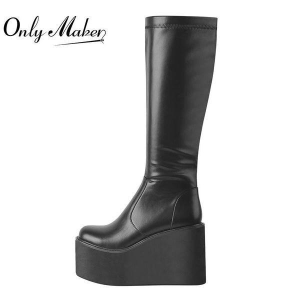 

boots onlymaker platform round toe wedges matte black knee high zipper big size