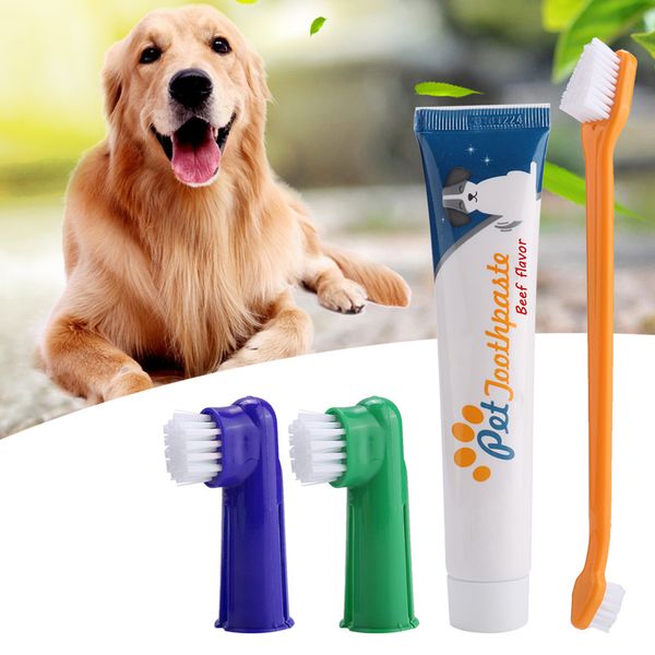Набор зубной пасты и зубной щетки для собак. Двусторонняя щетка с длинной изогнутой ручкой. Чистка зубов домашних животных пальцами.