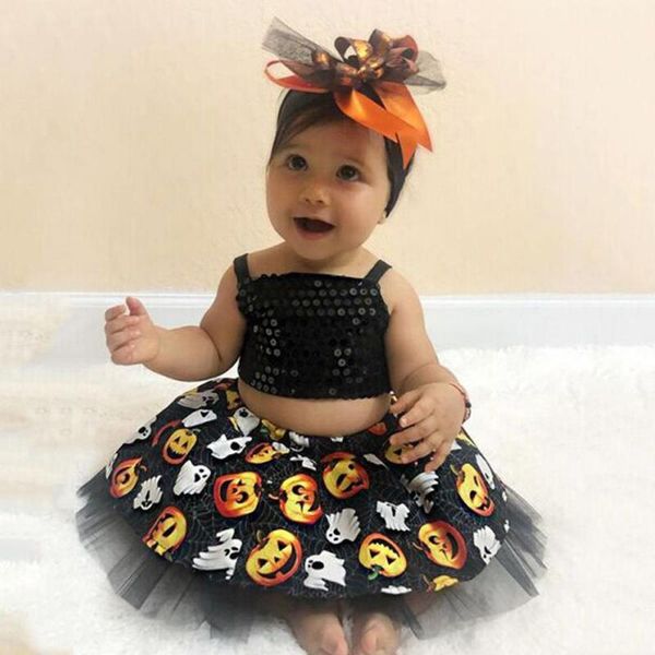 

halloween girls clothes infant kid baby girl 2021 cute fashion halloween straps +pumpkin print tutu outfits set
