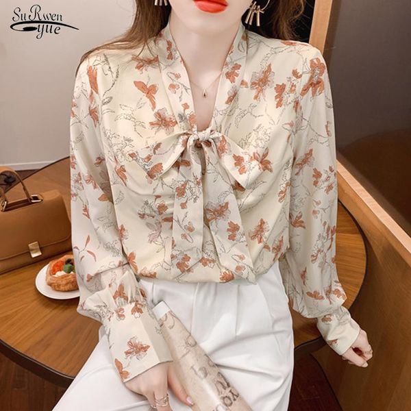 

women's blouses & shirts 2021 autumn floral lace-up bow-knot women blouse long-sleeve elegant button loose shirt retro printed chiffon, White