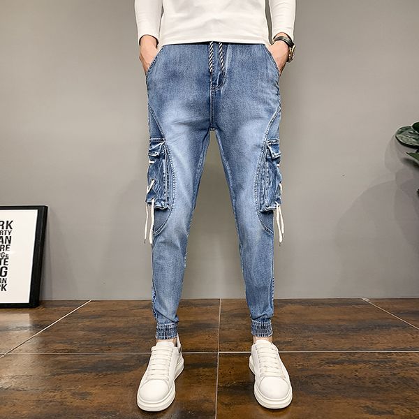 

mode 2021 korean skinny fit side big pockets denim male all game simple jeans joggers blue pants 36-28 5gbc