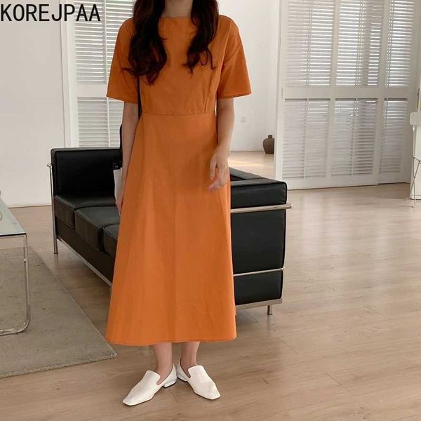 

korejpaa women dress summer korean chic french candy color skinny round neck high waist mid-length short-sleeved vestidos 210526, Black;gray