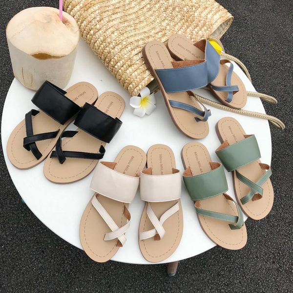 

slippers women flat slides ladies clip toe slip on mules shoes beige green blue simple outdoor casual beach flip flops, Black