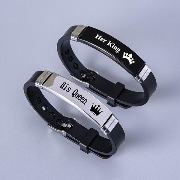 

charm bracelets 2pcs/pair fashion sport stainless steel silicone couple bracelet for women men crown her king his queen bangles gift, Golden;silver