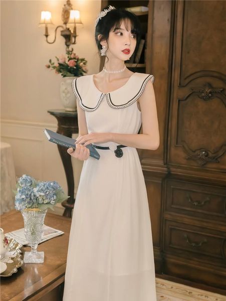 

vintage french niche dress long dress white, Black;gray