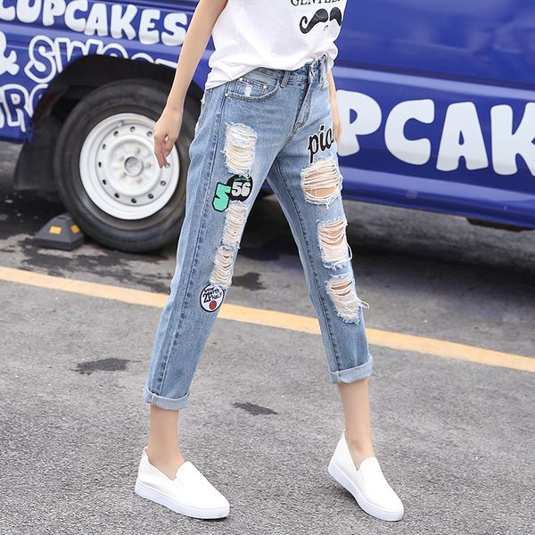 

2021 spring summer korean boyfriend jeans women fashion hole straight high waist ropa mujer cotton harem ninth pants new b05010 u5pa, Blue