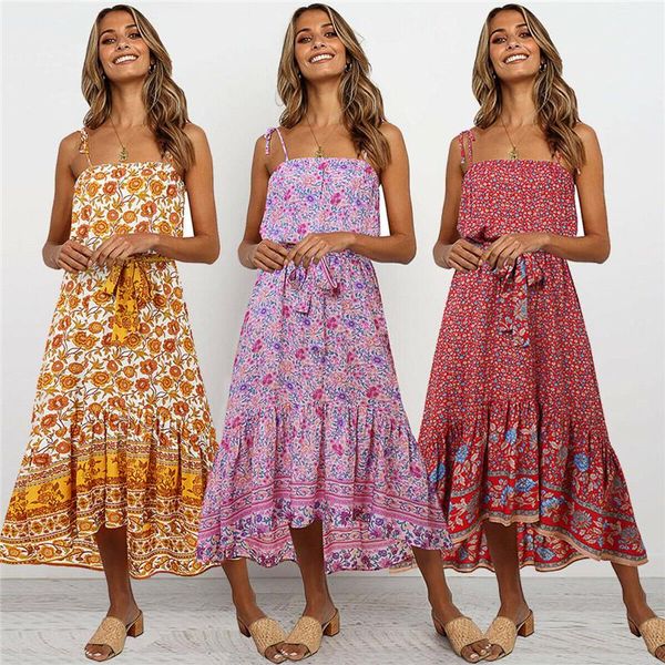 

casual dresses women boho floral print summer beach sleeveless dress strap lace-up high waist asymmetrical hem evening party sun, Black;gray