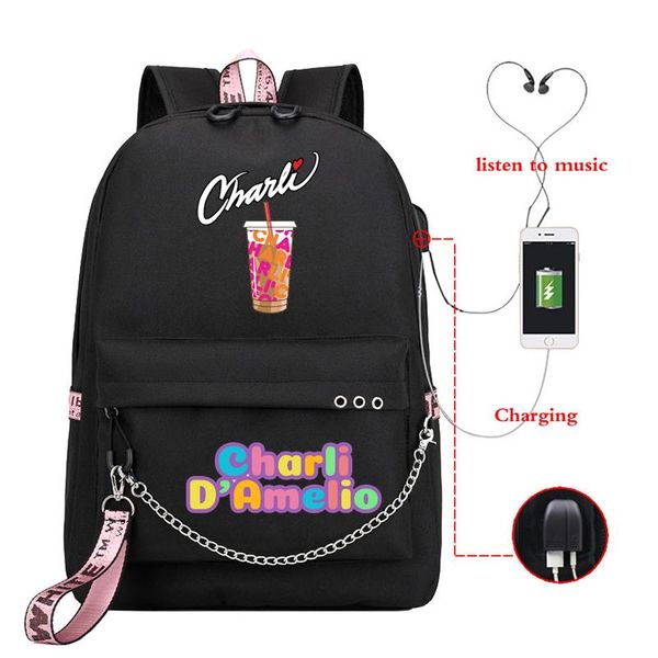 

backpack girls bag 2021 charli d'amelio school for teenager women usb charging kawaii backpacks