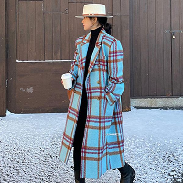 

2021 korean winter over knee turn-down collar double bearsted long-sleeved panelled plaid straight minimalist woolen overcoat, Black