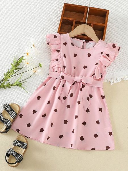 

toddler girls heart print ruffle trim belted dress she, Red;yellow