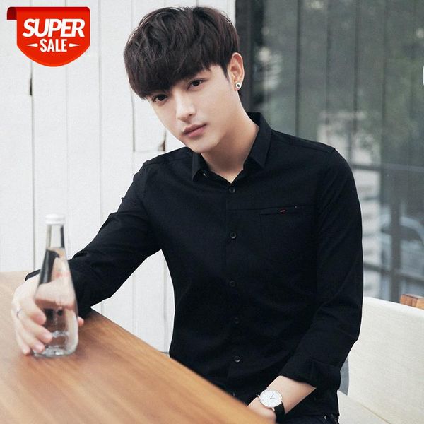 

japanese slim-fit shirt men's long-sleeved white youth #bc7f, White;black