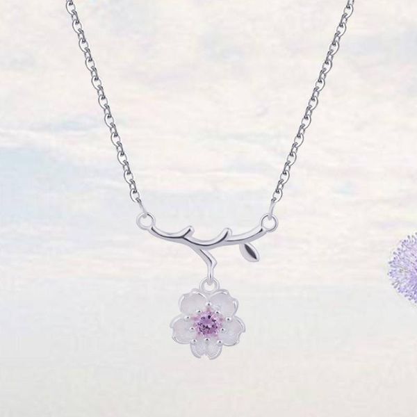 

1pc lovely branch sakura pendant necklace simple shining cherry flower necklace clavicular chain fashion jewelry, Silver