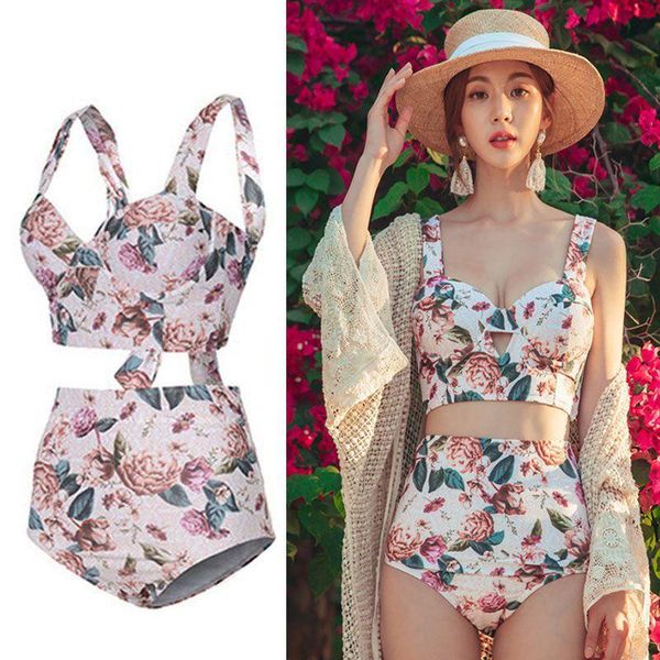 

ladies gather swimsuit two piece bikini retro floral bow tie split split swimsuit