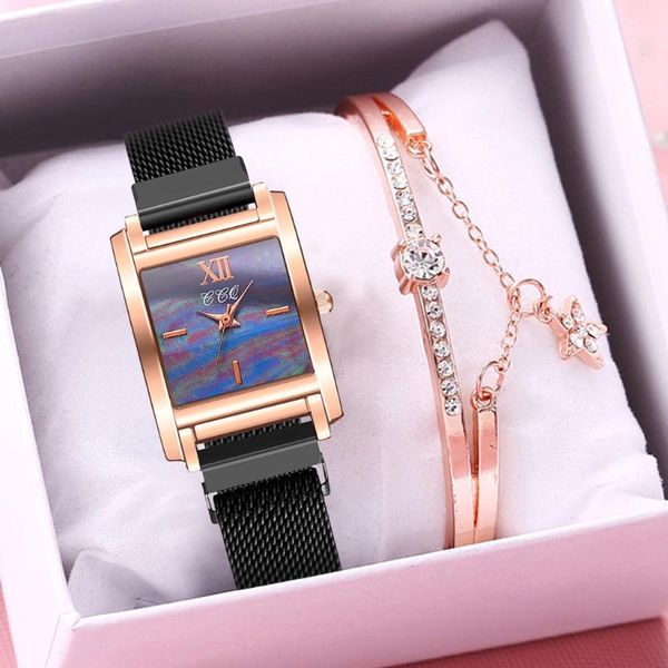 

wristwatches women magnet buckle roma dial bracelet watch set luxury ladies square shape quartz wrist watches relogio feminino, Slivery;brown