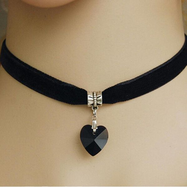 

pendant necklaces charmsmic heart shape short black choker crystal lace collars for young girls chidlren vintage silver retro jewelry