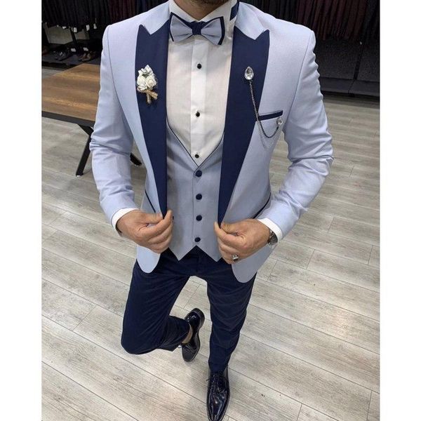 

men's suits & blazers light blue coat waistcoat black pant man slim fit costume wedding dress groom tuxedos prom jacket 3-piece set, White;black