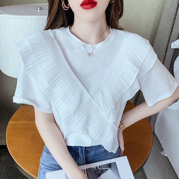 

women's t-shirt easycore solid color cotton women fashion front ruffle cross-stitching summer clothes, White