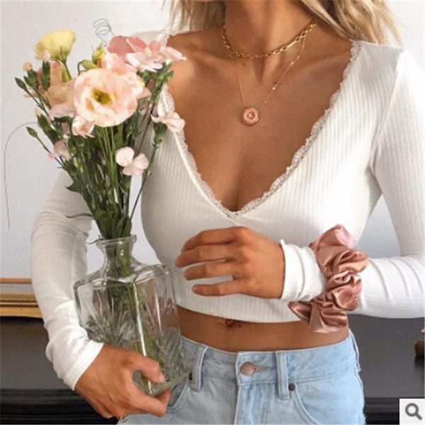 

women's sweaters women v neck knitted pullovers crop long sleeve slim fit backless tie back rib tee shirt blouse fall spring female, White;black