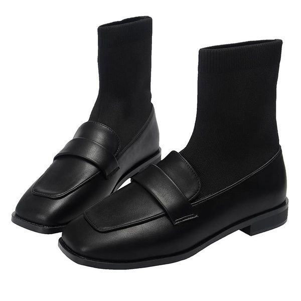 

boots autumn and winter large-size women's shoes 40-43 low-heeled small leather retro square head socks college style, Black