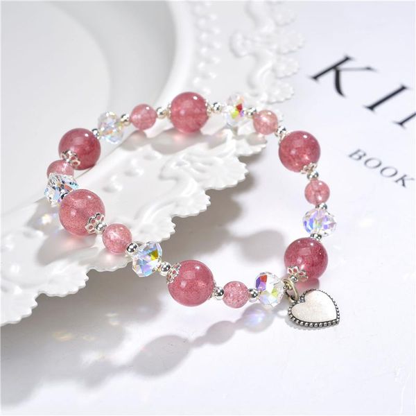

beaded, strands high grade natural strawberry crystal stone bracelet for women 925 sterling silver bangle heart pendant twistband gift jewel, Black