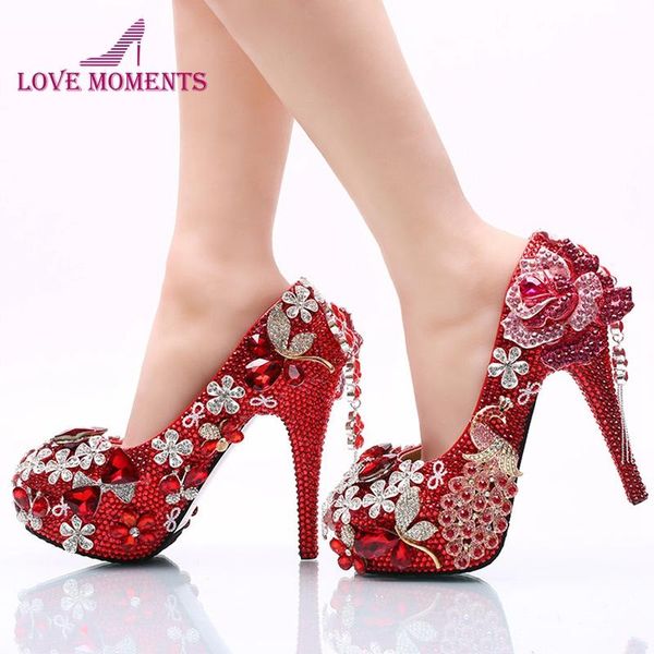 

luxurious red rhinestone wedding party shoes round toe high heel bridal dress shoes crystal phoenix and rose prom party pumps, Black