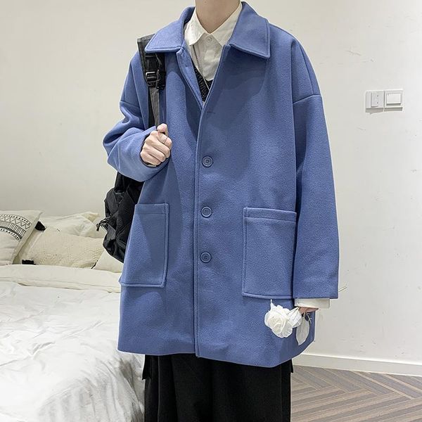 

men's wool & blends autumn mid-length woolen coat men fashion casual oversized korean loose jacket mens overcoat m-2xl, Black